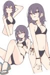  1girl bangs bare_shoulders bikini black_bikini bracelet breasts cleavage closed_mouth collarbone cropped_torso frown grey_hair hand_in_own_hair hand_up highres jewelry kamo_(kamonabe_44) looking_at_viewer looking_to_the_side medium_breasts medium_hair multiple_views navel original purple_eyes reclining sandals side-tie_bikini simple_background smile swimsuit upper_body wedge_heels white_background 