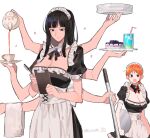  2girls apron bangs black_dress black_eyes black_hair black_neckwear blunt_bangs breasts brown_eyes cake cleavage cleavage_cutout clothing_cutout commentary cup dress extra_arms food holding holding_notepad holding_pen holding_plate holding_teapot holding_tray joman korean_commentary looking_at_another looking_down maid maid_apron maid_headdress multiple_girls multitasking mundane_utility nami_(one_piece) neck_ribbon nico_robin notepad one_piece open_mouth orange_hair pen plate plate_stack pouring puffy_short_sleeves puffy_sleeves ribbon short_hair short_sleeves simple_background teacup teapot towel tray twitter_username white_apron white_background 