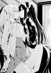  2girls against_wall apron breasts closed_eyes commentary_request cowboy_shot greyscale groping hair_between_eyes highres indoors kiss long_hair long_sleeves maid maid_apron maid_headdress monochrome multiple_girls original small_breasts thighhighs yuri zanka_(the-only-neat) 