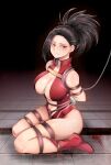  1girl arms_behind_back bdsm black_hair boku_no_hero_academia bondage boots bound breasts brown_eyes center_opening chain cleavage code:074 crotch_rope frogtie highres large_breasts looking_away navel sitting skindentation sweat wariza yaoyorozu_momo 