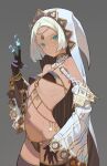  1girl aqua_eyes armor bangle bangs bare_shoulders bikini bikini_armor black_bikini black_gloves bracelet breasts cowboy_shot dark-skinned_female dark_skin detached_sleeves forehead_jewel gloves gold_trim grey_background highres hks_(timbougami) hood jewelry looking_at_viewer magic navel necklace original parted_bangs revealing_clothes shezhara short_hair simple_background small_breasts solo swimsuit thighhighs white_hair wide_sleeves 