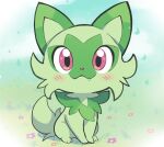 animal animal_focus blush closed_mouth fang fang_out flower grass komanychi looking_at_viewer no_humans pink_eyes pokemon pokemon_(creature) sitting smile solo spanish_commentary sprigatito 