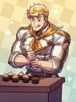  1boy artist_name baking bangs bara blonde_hair chef_uniform food granblue_fantasy green_eyes highres large_pectorals male_focus muffin muscular muscular_male neckerchief oneirio pectorals shirt short_hair sleeves_rolled_up solo tongue tongue_out undercut vane_(granblue_fantasy) white_shirt 