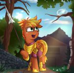  absurd_res armor blaze_fury_(oc) detailed_background equid equine eyewear felixf feral freckles friendship_is_magic glasses goo_creature hasbro hi_res male mammal my_little_pony pegasus slimey_(oc) smile solo weapon wings 