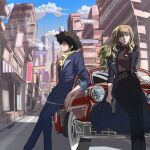  1boy 1girl blue_eyes car cigarette city couple cowboy_bebop faye_valentine ground_vehicle gun highres justuskuro lipstick makeup motor_vehicle outdoors spike_spiegel third-party_source weapon 