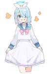  1girl arona_(blue_archive) bangs blue_archive blue_eyes blue_hair blush bow bow_hairband bowtie braid choker cropped_legs grin hair_over_one_eye hairband highres kamo_(kamonabe_44) long_hair long_sleeves looking_at_viewer multicolored_hair pink_bow pink_bowtie sailor_collar shirt simple_background single_braid skirt skirt_hold smile solo teeth two-tone_hair white_background white_shirt white_skirt 