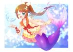  1girl bangs blue_eyes blush border bow collarbone commentary_request commission crescent crescent_hair_ornament dress eyebrows_visible_through_hair hair_bow hair_ornament head_fins indie_virtual_youtuber long_hair looking_at_viewer mermaid monster_girl open_mouth orange_hair orange_sailor_collar red_bow rio_(usagiya) sailor_collar siren_ebina skeb_commission smile solo sun_hair_ornament underwater virtual_youtuber white_border wrist_cuffs yellow_bow yellow_dress 