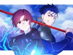  1boy 1girl armor bangs bazett_fraga_mcremitz blue_bodysuit blue_hair blue_molmotto blue_sky bodysuit breasts collared_shirt cu_chulainn_(fate) cu_chulainn_(fate/stay_night) dress_shirt earrings electricity fate/hollow_ataraxia fate/stay_night fate_(series) formal gae_bolg_(fate) grin highres jewelry large_breasts long_sleeves looking_at_viewer mole mole_under_eye necktie parted_bangs pauldrons polearm ponytail purple_necktie purple_suit red_eyes red_hair shirt short_hair shoulder_armor sky smile spear suit weapon white_shirt 
