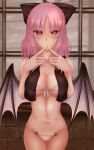  1girl bangs bikini black_bow black_skirt black_vest blush bow breasts character_request cleavage commentary_request cowboy_shot demon_wings front-tie_top hair_bow highres large_breasts long_sleeves looking_at_viewer midriff navel parted_bangs pink_hair purple_eyes purple_wings shounen_(hogehoge) skirt stomach sweat swimsuit touhou touhou_(pc-98) vest white_bikini wings 