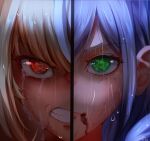  2girls absurdres bangs bleeding blood blood_from_mouth bruise bruise_on_face chii_(chicritro) close-up crying dirty eye_focus eye_reflection eyelashes face green_eyes highres hololive injury multiple_girls rain red_eyes reflection scratches shiranui_flare shirogane_noel split_screen virtual_youtuber water 