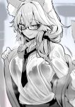  1girl animal_ear_fluff animal_ears bangs blurry blurry_background blush bra breasts closed_mouth coat commentary eyebrows_visible_through_hair fate/extella fate/extra fate_(series) fox_ears fox_girl fox_tail glasses greyscale hair_between_eyes hairband highres large_breasts long_hair long_sleeves looking_at_viewer monochrome necktie seductive_smile see-through_shirt shirt sidelocks smile solo tail tamamo_(fate) tamamo_no_mae_(fate/extra) tamamo_no_mae_(jk)_(fate) underwear upper_body wet wet_clothes wet_shirt wisespeak 