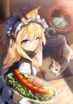  1girl apron bangs blonde_hair blue_eyes braid braided_bangs breasts broccoli carpet carrying cat closed_mouth commentary_request day dress expressionless eyebrows_visible_through_hair food g36_(girls&#039;_frontline) girls&#039;_frontline gloves hair_between_eyes holding indoors long_hair looking_at_viewer maid maid_apron maid_headdress meat medium_breasts one_eye_closed plate potato salad sausage sleeping solo very_long_hair vikpie 