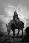  1girl bangs black_cloak cloak closed_mouth dress elden_ring facial_tattoo highres hood hooded_cloak horns horse horseback_riding l_aciel long_sleeves medium_hair melina_(elden_ring) monochrome one-eyed one_eye_closed riding scar scar_across_eye short_hair tattoo torrent_(elden_ring) 