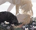  2boys alphonse_elric bandaged_head bandages bangs black_shirt blonde_hair brothers collared_shirt covered_eyes edward_elric eyelashes face-to-face field flower flower_field from_side fullmetal_alchemist hair_down hair_over_eyes hand_on_another&#039;s_face long_hair long_sleeves low_ponytail lying male_focus multiple_boys nature on_back on_ground p0ckylo parted_lips ponytail shirt siblings upper_body white_flower 