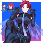  1boy 1girl bangs bazett_fraga_mcremitz black_bodysuit blue_hair blush bodysuit breasts chibi cu_chulainn_(fate) cu_chulainn_(fate/stay_night) earrings embarrassed fate/grand_order fate/stay_night fate_(series) haruyolivine jewelry large_breasts long_hair looking_at_viewer low_ponytail manannan_mac_lir_(fate) mole mole_under_eye open_mouth parted_bangs pelvic_curtain red_eyes red_hair sitting smile thighs 
