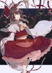  1girl :d ascot bird bow branch brown_hair cherry_blossoms commentary detached_sleeves eyebrows_visible_through_hair floating_hair foot_out_of_frame frilled_bow frilled_hair_tubes frilled_shirt_collar frilled_skirt frills hair_bow hair_tubes hakurei_reimu highres long_hair long_sleeves looking_at_viewer midriff open_mouth petals ponytail red_bow red_skirt red_vest ribbon-trimmed_sleeves ribbon_trim shuukenyuu sidelocks skirt skirt_basket skirt_hold skirt_set smile socks solo standing standing_on_one_leg touhou tsurime vest white_legwear white_sleeves wide_sleeves yellow_ascot yellow_eyes 
