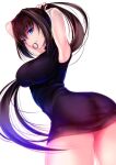  1girl akeyama_kitsune alternate_costume aozaki_aoko arms_behind_head arms_up ass bangs black_sweater blue_eyes breasts brown_hair closed_mouth commentary_request eyebrows_visible_through_hair hair_between_eyes hair_tie hair_tie_in_mouth large_breasts long_hair looking_at_viewer mahou_tsukai_no_yoru mouth_hold sidelocks simple_background sleeveless sleeveless_sweater smile solo sweater thighs turtleneck turtleneck_sweater tying_hair very_long_hair white_background 