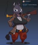  absurd_res anthro big_breasts blue_eyes bottomwear breasts clothing ear_piercing ear_ring female gun hi_res jacket looking_at_viewer mammal midriff navel open_mouth pants piercing ranged_weapon rifle siroc smoke solo suina teeth topwear weapon 