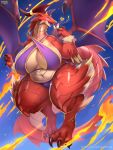  &lt;3 anthro big_breasts bikini blush breasts brunhilda_(dragalia_lost) claws clothing cygames dragalia_lost dragon female hi_res horn looking_at_viewer nintendo ocaritna red_body red_scales scales scalie smile solo swimwear thick_thighs video_games western_dragon wings 