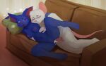  absurd_res anthro anthro_on_anthro anthro_penetrated anthro_penetrating anthro_penetrating_anthro bed biped blue_body blue_fur blush bodily_fluids breasts cum duo eyes_closed female fur furniture genital_fluids genitals grey_body grey_fur hi_res male male/female mammal mouse murid murine navel nipples penetration pillow pussy rodent sofa the-minuscule-task vaginal 