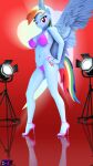  3d_(artwork) 4k 9:16 absurd_res anthro bikini breasts clothing digital_media_(artwork) equid equine feet female friendship_is_magic hasbro hi_res high_heels looking_at_viewer mammal my_little_pony pegasus rainbow_dash_(mlp) shadowboltsfm smile solo source_filmmaker standing swimwear wings 