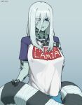  1girl bags_under_eyes borrowed_character breasts clothes_writing english_text forked_tongue green_eyes highres ivy_(sparrowl) k3nnyn3v lamia long_hair monster_girl original raglan_sleeves scales shirt short_sleeves sidelocks simple_background solo tongue tongue_out 