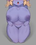  1girl blonde_hair breasts colored_skin commentary doro_au highres huge_breasts inverted_nipples league_of_legends open_mouth pointy_ears poppy_(league_of_legends) purple_skin pussy shortstack solo symbol-only_commentary twintails 