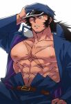  1boy abs bara belt black_eyes black_hair collared_jacket hand_on_own_head hat large_pectorals long_hair long_sideburns male_focus manly muscular muscular_male navel nipples original pants pectorals scar scar_on_chest sideburns solo sugo6969 thick_eyebrows topless topless_male veins 
