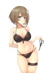  1girl aogiri_koukou_game_club aqua_eyes bangs bare_shoulders black_bra black_legwear blush bra brown_hair closed_mouth cowboy_shot eyebrows_visible_through_hair hair_ornament highres holding holding_scissors kkix25 kurikoma_komaru leg_garter lingerie looking_at_viewer navel scissors see-through solo standing stomach underwear underwear_only virtual_youtuber 