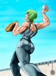  1girl ass baseball baseball_mitt blue_eyes bodysuit derivative_work foo_fighters green_hair highres jojo_no_kimyou_na_bouken looking_at_another muscular muscular_female redrawn short_hair smile solo stone_ocean suspenders the_golden_smurf 