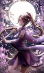  1girl bare_legs branch brown_hair cherry_blossoms dress hair_ornament highres hua_jianghu_zhi_bei_mo_ting moon night pose si_kongqi_(hua_jianghu_zhi_bei_mo_ting) si_kongqi_zhuye skirt smile sword weapon weibo_id 