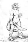  1girl absurdres animal_ears barefoot breasts dragon_girl dragon_tail granberia hair_ornament highres khelian mon-musu_quest! monster_girl muscular muscular_female nude pointy_ears pussy scales short_hair smile solo sword tail tattoo tomboy weapon 