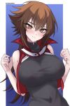  1girl bare_arms black_shirt blush breasts brown_eyes brown_hair covered_navel duel_academy_uniform_(yu-gi-oh!_gx) genderswap genderswap_(mtf) hair_between_eyes highres large_breasts long_hair looking_at_viewer shirt smile solo torakami14 upper_body yu-gi-oh! yu-gi-oh!_gx yuuki_juudai 