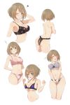  1girl :t ? aogiri_koukou_game_club aqua_eyes ass bangs black_bra blue_bra blue_panties bra breasts brown_hair closed_mouth eyebrows_visible_through_hair from_behind highres kkix25 kurikoma_komaru large_breasts lingerie looking_at_viewer multiple_views one_eye_closed panties parted_lips pink_bra pink_panties print_bra print_panties purple_bra short_hair squiggle topless trembling underwear underwear_only virtual_youtuber 