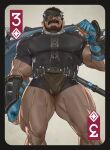  1boy abs axe bag bara beard belt black_eyes black_hair card covered_abs crotch_plate diamond_(symbol) eyepatch facial_hair gauntlets gloves headband large_pectorals looking_at_viewer male_focus manly mature_male muscular muscular_male nipples original pectorals shirt shorts solo t-shirt tangbingla thick_arms thick_eyebrows thick_thighs thighs tight tight_shirt 