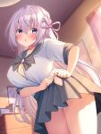  1girl blush breasts cleavage commentary eyebrows_visible_through_hair hair_ribbon highres indie_virtual_youtuber large_breasts long_hair magowasabi naito_mare_(vtuber) open_mouth panties pantyshot purple_eyes ribbon school_uniform skirt unbuttoned_skirt underwear white_hair 