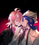  2boys asmodeus_alice black_background blue_hair closed_eyes gloves gradient gradient_background hand_up hat kiss kissing_cheek long_sleeves mairimashita!_iruma-kun male_focus mask medium_hair multiple_boys nako_(unclebanana) necktie pink_eyes pink_hair pointy_ears red_background suspenders suzuki_iruma white_gloves white_headwear yaoi 