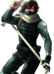  1boy armor belt black_hair boku_no_hero_academia cosplay eraser_head_(boku_no_hero_academia) eyepatch finger_on_trigger gun hair_between_eyes highres holding holding_gun holding_weapon looking_at_viewer male_focus mask mechanical_arms scarf simple_background single_mechanical_arm solo tian_(den_z_z) weapon white_background white_scarf winter_soldier winter_soldier_(cosplay) yellow_eyes 