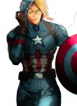  all_might belt blonde_hair blue_bodysuit bodysuit boku_no_hero_academia brown_belt brown_gloves captain_america captain_america_(cosplay) cosplay gloves green_eyes highres holding holding_mask male_focus mask removing_mask shield simple_background solo star_(symbol) sweatdrop tian_(den_z_z) 