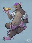  2022 anthro belly bottomwear clothed clothing eyes_closed food hi_res humanoid_hands k-9 male mammal murid murine open_clothing open_shirt open_topwear pink_nose pizza pizza_slice rat rodent shirt shorts simple_background sitting slightly_chubby solo topwear 