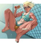  1boy abs absurdres aqua_hair aqua_nails biceps bikini blonde_hair blue_eyes borrowed_character bulge commission fence food glasses highres looking_at_viewer lotion male_focus multicolored_hair muscular muscular_male nia_(nia4294) open_mouth original otoko_no_ko popsicle short_hair sin_juyo_(tealstarranger) smile solo streaked_hair suggestive_fluid sunscreen swimsuit tan tanlines 