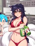  2girls ahri_(league_of_legends) alternate_costume animal_ears bare_shoulders bikini black_hair blue_eyes blue_hair blushy-pixy breasts cleavage collarbone drill_hair facial_mark fox_ears fox_girl fox_tail gwen_(league_of_legends) highres large_breasts league_of_legends long_hair looking_at_viewer multiple_girls pout swimsuit tail twintails vastaya watermark whisker_markings yellow_eyes 