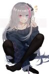  1girl bangs black_legwear black_ribbon blue_eyes collarbone commentary eyebrows_visible_through_hair feet full_body girls&#039;_frontline grey_sweater grin hair_ribbon heterochromia highres holding_own_foot long_hair long_sleeves looking_at_viewer md5_mismatch mdr_(girls&#039;_frontline) multicolored_hair nail_polish no_shoes pink_eyes pink_hair pink_nails rabb_horn ribbon side_ponytail silver_hair smile streaked_hair sweater teeth thighhighs toenails toes v 