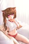  1girl animal_ears bangs bare_legs bed blush brown_hair buruma eyebrows_visible_through_hair heart heart-shaped_pupils highres indoors llttyyyuu long_hair looking_at_viewer midriff navel open_mouth original pink_eyes short_sleeves sitting solo symbol-shaped_pupils twintails wariza white_background 