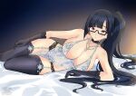  1girl absurdres black_hair blazblue blush breasts crossed_legs fate/grand_order fate_(series) gloves highres large_breasts legs lingerie litchi_faye_ling long_hair meisaki royal_icing thighhighs thighs underwear 