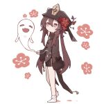  1girl black_coat black_headwear blush brown_hair closed_mouth coat collared_coat flower flower-shaped_pupils full_body genshin_impact ghost hair_between_eyes hat highres hu_tao_(genshin_impact) long_hair long_sleeves mmhomm plum_blossoms porkpie_hat red_eyes simple_background socks standing symbol-shaped_pupils white_background 