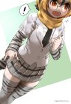  1girl animal_print bird_girl bird_print bird_tail bird_wings black_necktie blonde_hair blush campo_flicker_(kemono_friends) commentary_request eyebrows_visible_through_hair glasses grey_hair grey_jacket grey_legwear grey_skirt hair_between_eyes head_wings jacket kemono_friends long_sleeves multicolored_hair necktie open_mouth orange_eyes pleated_skirt print_legwear print_skirt print_sleeves scarf shirt short_hair short_sleeves sinqou skirt solo tail thighhighs white_shirt wings yellow_scarf zettai_ryouiki 