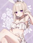  1girl :o absurdres animal_ears au_ra bangs blunt_bangs breasts cleavage commentary_request crossed_legs detached_collar eyebrows_visible_through_hair final_fantasy final_fantasy_xiv floral_background hazakura_chikori highres long_hair looking_at_viewer midriff platinum_blonde_hair purple_background purple_eyes rabbit_ears shiny shiny_hair sitting skirt small_breasts solo tiara white_skirt 