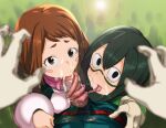  1boy 2girls asui_tsuyu blush_stickers boku_no_hero_academia brown_hair erection fellatio green_hair highres looking_at_viewer midoriya_izuku multiple_girls oral penis pov shibayamamohu tongue uraraka_ochako 