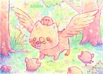  animal animal_focus artist_name bird bisquii brown_eyes brown_wings chibi chick english_commentary feathered_wings flower foliage forest grass griffin mushroom nature no_humans original outdoors sparkle tree wings 